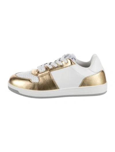 Pre-owned Versace Leather Graphic Print Sneakers In Metallic/white