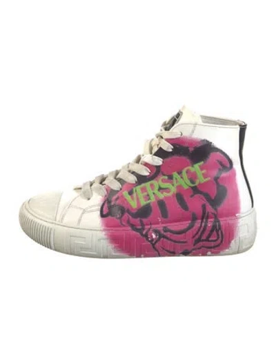 Pre-owned Versace Leather Graphic Print Sneakers In Pink