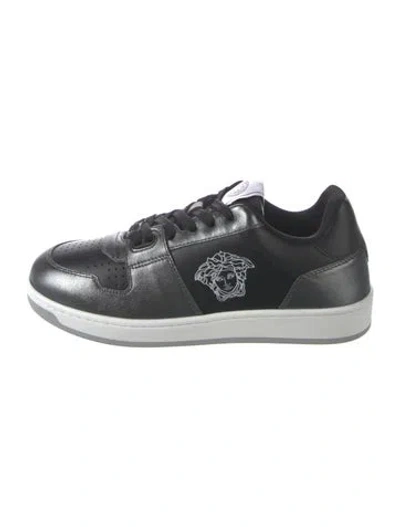 Pre-owned Versace Leather Graphic Print Sneakers In Silver