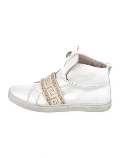 Pre-owned Versace Leather Graphic Print Sneakers In White