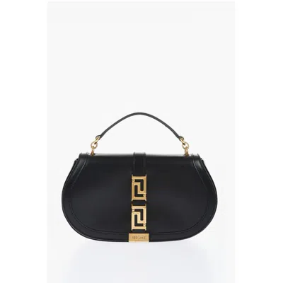 Versace Leather Greca Goddes Saddle Bag With Golden Detail In Black