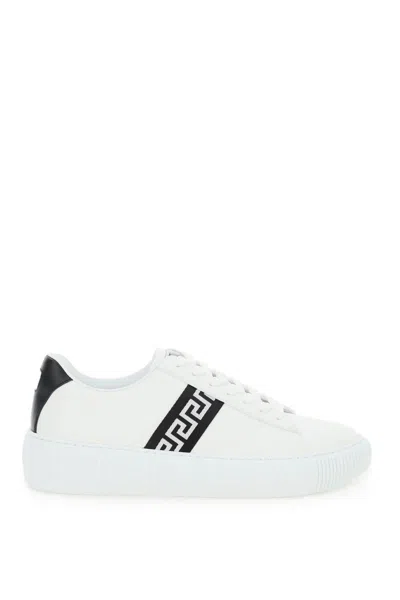 Versace Leather Greca Sneakers In Bianco