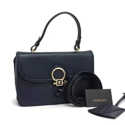 Pre-owned Versace Leather Handbag Shoulder Bag Tote Bag () In Blue