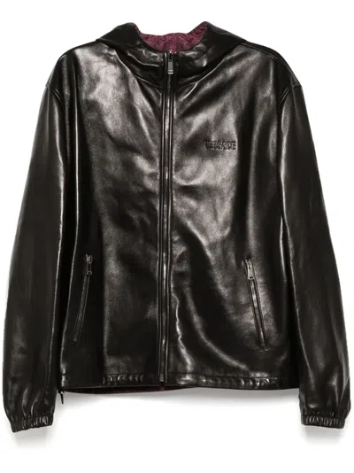 Versace Leather Hooded Jacket In Black