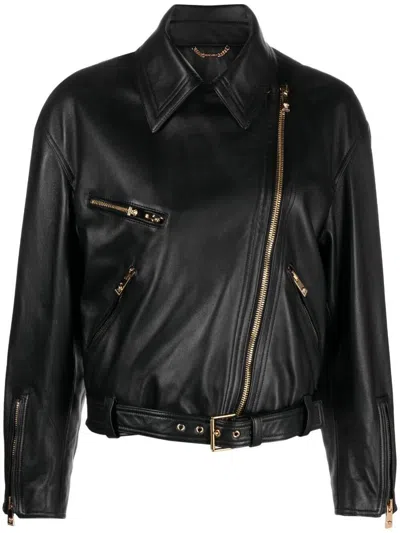 Versace Belted Leather Biker Jacket In Black