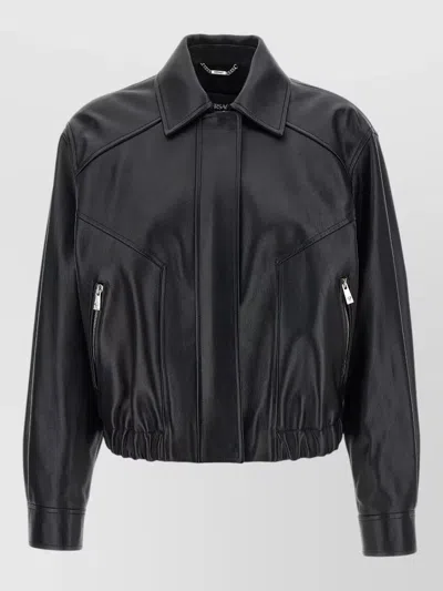 Versace Leather Jacket Collared Neck Button Cuffs Hem In Black