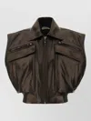 Versace Leather Jacket Structured Shoulders Ribbed Hem Pockets In Brown