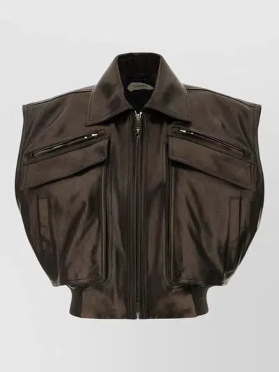 Versace Leather Jacket Structured Shoulders Ribbed Hem Pockets In Brown
