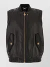 Versace Leather Jacket With Elasticated Hem And Front Pockets In Black