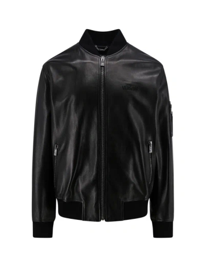 Versace Leather Jacket With Embroidered Logo In Black