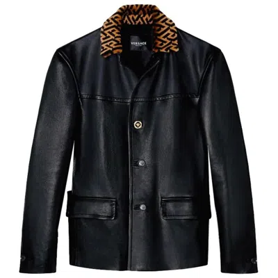 Pre-owned Versace Leather Jacket With Greca Fur Collar In Black