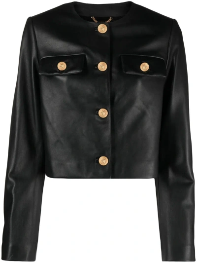 VERSACE VERSACE LEATHER JACKET WITH PADDED SHOULDER STRAPS
