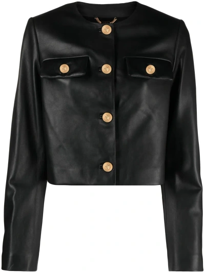 Versace Leather Jacket With Padded Shoulder Straps In Black