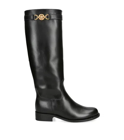 Versace Leather Knee-high Boots 25 In Black