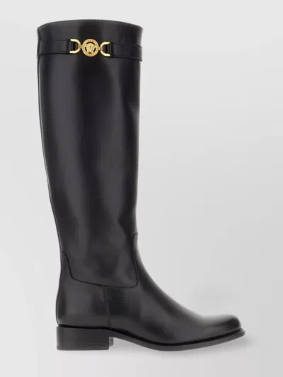 VERSACE LEATHER KNEE-HIGH BOOTS GOLD HARDWARE