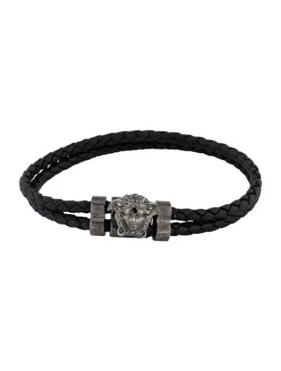 Pre-owned Versace Leather La Medusa Wrap Bracelet In Black