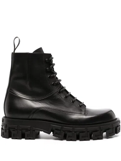 Versace Leather Lace-up Ankle Boots In Black