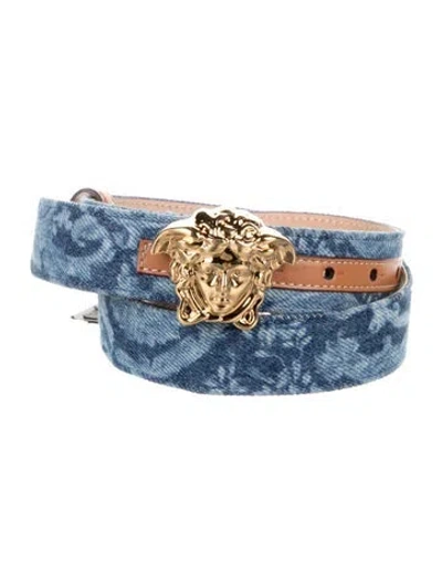 Pre-owned Versace Leather Leather Trim Embellishment Waist Belt In Blue