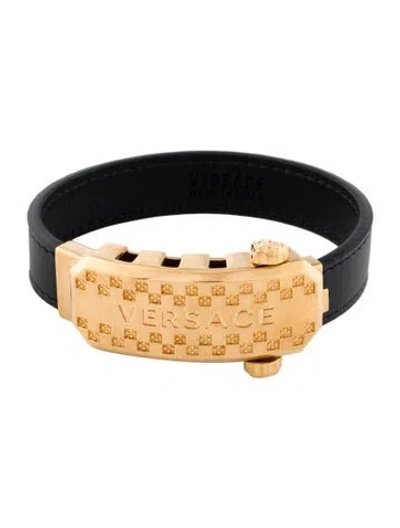Pre-owned Versace Leather Logo Medusa Bracelet In Black