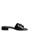 Versace Leather Logo Plaque Slip On Slides Flats Women's Shoes In Black