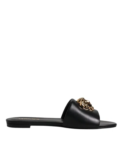 Versace Leather Logo Plaque Slip On Slides Flats Women's Shoes In Black