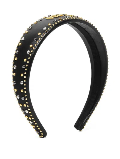 Versace Leather Logo-plaque Studded Headband In Black