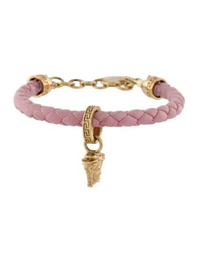 Pre-owned Versace Leather Medusa Braided Charm Bracelet, 8" In Pink