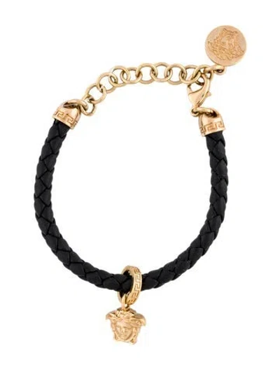 Pre-owned Versace Leather Medusa Braided Charm Bracelet In Black