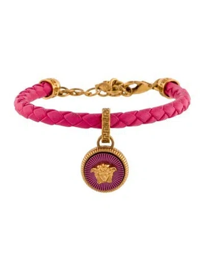 Pre-owned Versace Leather Medusa Charm Bracelet, 8.75" In Pink