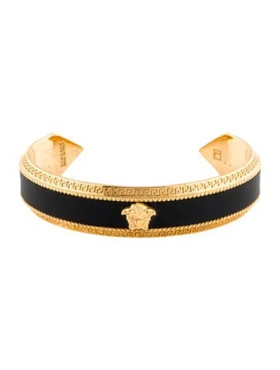 Pre-owned Versace Leather Medusa Cuff Bracelet, 7.25" In Black