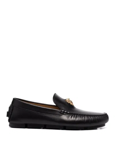 Versace Logo Plaque Leather Loafers In Black