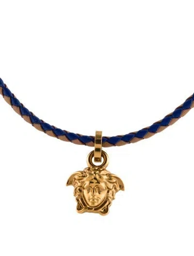 Pre-owned Versace Leather Medusa Head Pendant Necklace, 19.5" In Multi