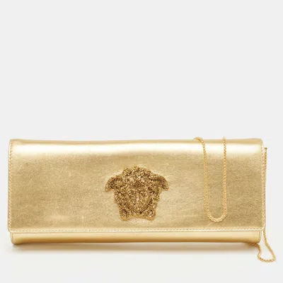 Versace Leather Medusa Icon Crystals Chain Clutch In Gold