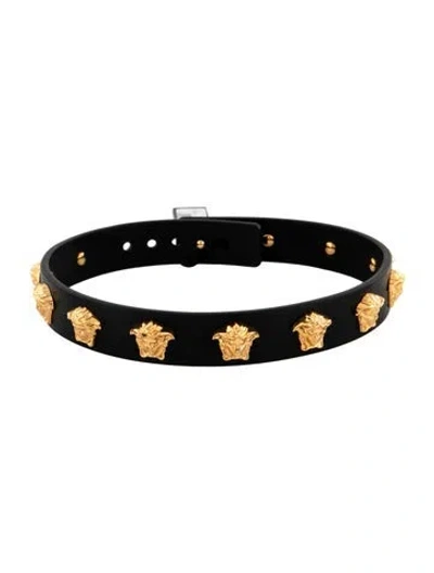 Pre-owned Versace Leather Medusa Studded Choker Necklace, 16" In Black