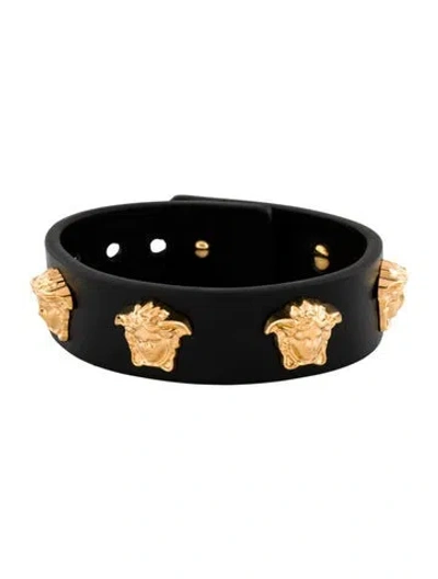 Pre-owned Versace Leather Medusa Studded Wrap Bracelet, 7.25" In Black