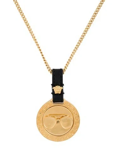 Pre-owned Versace Leather Medusa Sunglasses Pendant Necklace, 21" In Black
