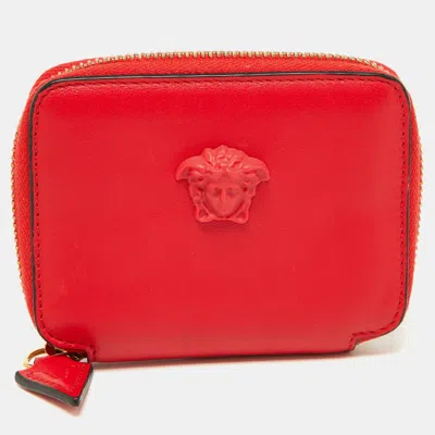 Versace Leather Medusa Zip Coin Purse In Red