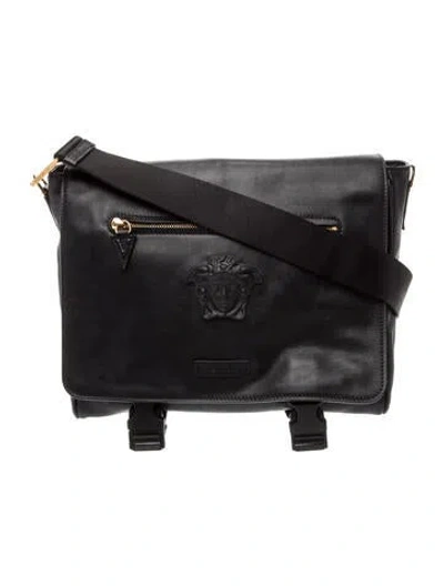 Pre-owned Versace Leather Messenger Bag In Black
