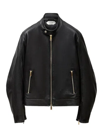 Versace Blouson De Motard En Cuir Nappa In Black