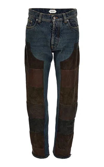 Versace Leather-patched Denim Straight-leg Pants In Multi