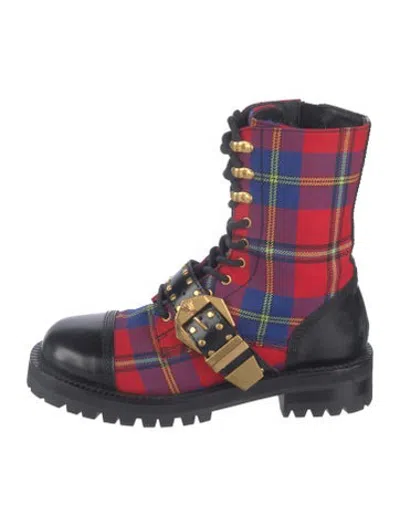 Pre-owned Versace Leather Plaid Print Lace-up Boots In Red