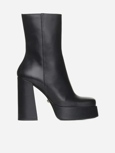 Versace Leather Platform Ankle Boots In Black