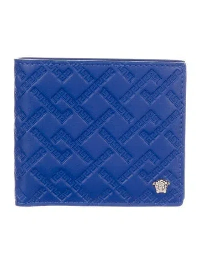 Pre-owned Versace Leather Printed Bifold Wallet In Blue