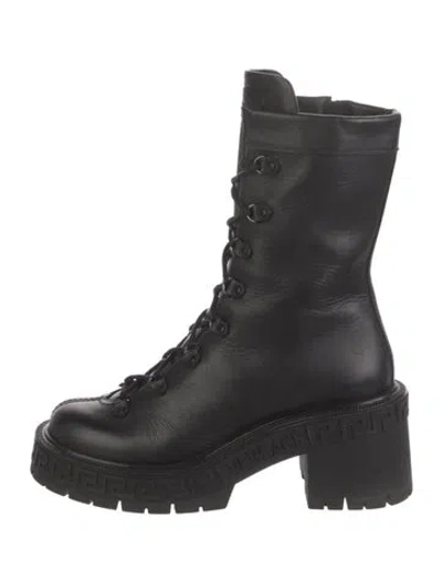 Pre-owned Versace Leather Printed Combat Boots In Black