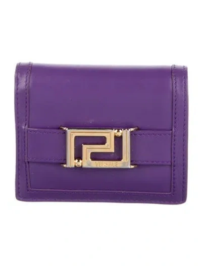 Pre-owned Versace Leather Printed Compact Wallet In Purple