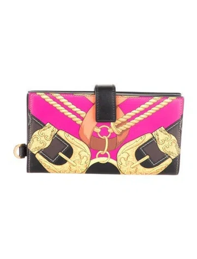 Pre-owned Versace Leather Printed Continental Wallet In Black