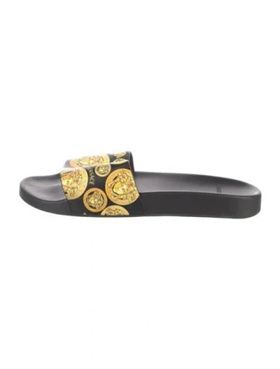 Pre-owned Versace Leather Printed Slides In Black
