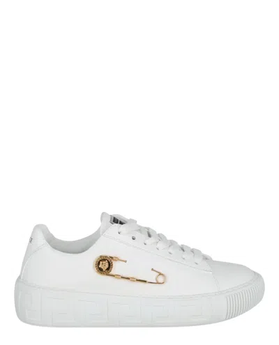 Versace Leather Safety Pin Sneakers In White