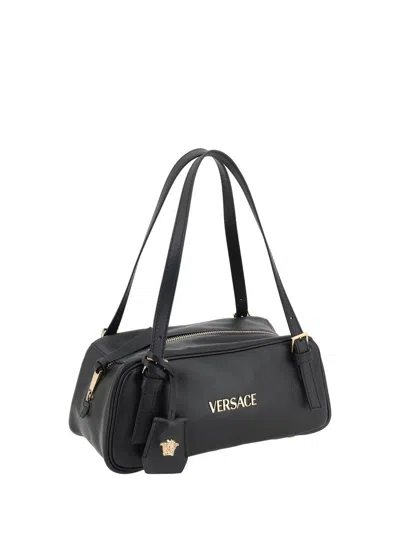 Versace Tag Leather Shoulder Bag In Black