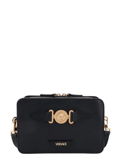 Versace Leather Shoulder Bag With Iconic Frontal Medusa In Black